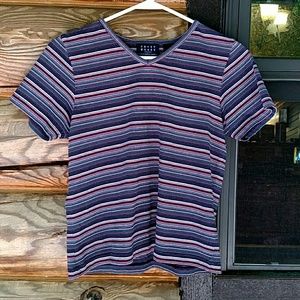 Red, white, blue, silver and black striped shirt!